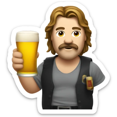 slightly fat man with long hair and a mullet cut with a mustache and a beer in his hand, the man stop fire sticker