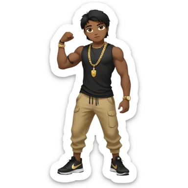 full side body view of muscular teen boy with veiny hands arms and biceps. has messy black hair with dark-tan skintone with black tshirt. has gold chain and nike shoes with baggy pants sticker
