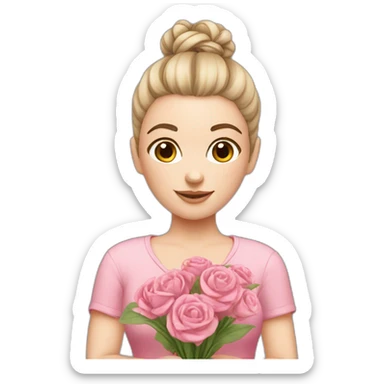 white skin girl with bun holding some bouquet- pink cloth sticker