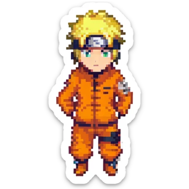 Naruto character, pixel art style, simplified features, iconic orange outfit sticker