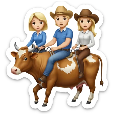 Do a man and a woman riding cows , the man is blond and woman a brunette sticker