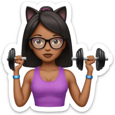 Negra,cabelo liso,óculos com armação de gato segurando peso de academia sticker