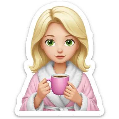 Green eyes blonde girl drinking coffe in a pink mug with a fluffy white robe sticker