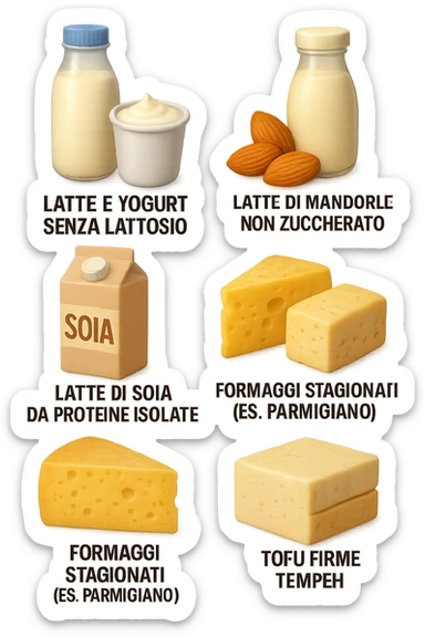 emoji stile iphone 3d di questi elementi che fluttuano in aria:

Latte e yogurt delattosati
Latte di mandorla (non zuccherato)
Latte di soia da proteine isolate
Formaggi stagionati (es. parmigiano)
Tofu compatto e tempeh
 che fluttuano in aria,  le etichette scrivile in italiano, iperealistico 4k sticker
