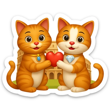Add a big diamond on the collar of one of the happy cats. Keep the Colosseum in the background. The style should resemble emoji style with a transparent background. sticker
