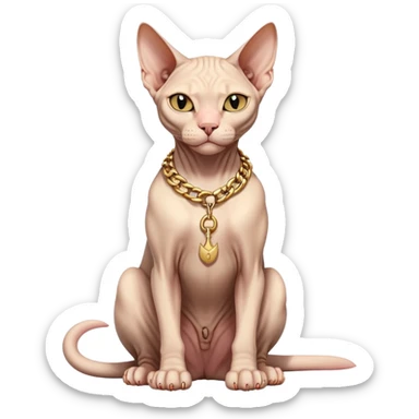 Sphynx cat full body sitting with a gold chain, one eye closed sticker