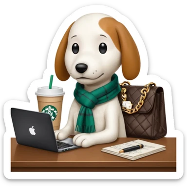 snoopy in a desk with starbucks and his chanel purse sticker