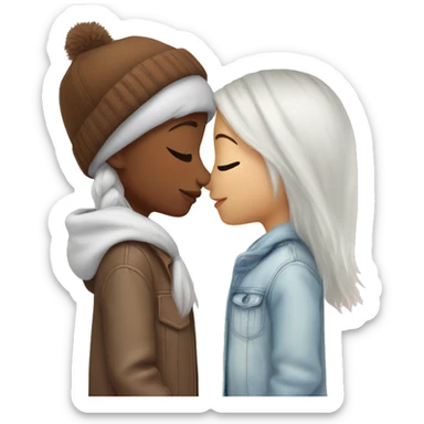 One girl with white hair and one girl with brown hair and a beanie, kissing sticker