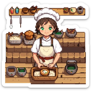 A young apprentice baker in a cozy, old-fashioned bakery. Surrounded by wooden countertops, cast iron baking trays, and a stone oven. His apron is dusted with flour, and analog timers tick beside handwritten recipe cards. The scene is textured with aged wood, metal, and soft fabric. sticker