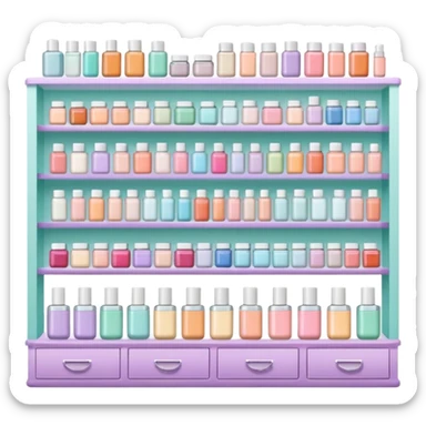 big beauty salon showcase with well-organized brand-labeled beauty products on a white shelves, pastel colors sticker