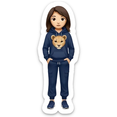 León tierno que sea mujer con pantalones guangos color azul marino y una sudadera negra con cabello suelto color castaño obscuro sticker