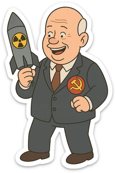 Soviet leader Nikita Khrushchev wearing a suit with a large communist badge holding a nuclear weapon and smiling sticker