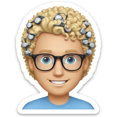 white guy with curly blonde hair and light blue ish eyes with black glasses  sticker