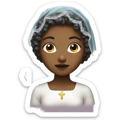 Girl with curly hair and veil over her hair and a big cross  sticker