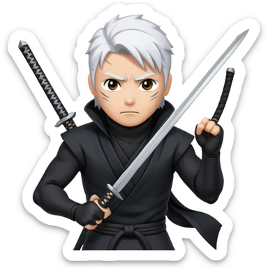Gabimaru the Hollow, holding kunai, white hair, black ninja suit, intense eyes, action-ready sticker