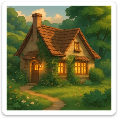 cozy cottage in a lush landscape with warm lighting in ghibli style sticker