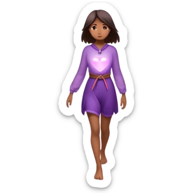 A small figure walks back across a foggy bridge, holding soft pink and purple orbs in each hand—symbolizing compassion and forgiveness. A gentle heart aura trails behind them, showing healing in motion. sticker