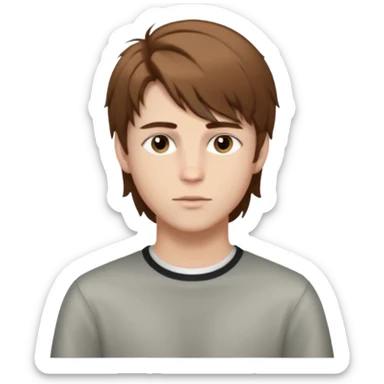 A young white boy with brown hair and eyes, with slightly long, straight and disheveled hair with wolfcut haircut, Make it look aesthetic, it's a trans boy sticker