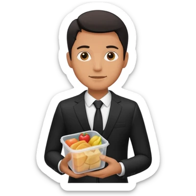 man with suit holding food container sticker