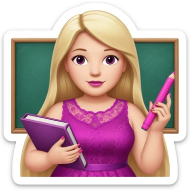 A plus-size white woman with long, straight blonde hair is wearing a magenta lace sleeveless dress. She is standing with magenta nail polish and holding a book and a crayon.. sticker