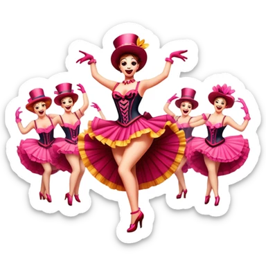 Cinematic Realistic Can-can Dance Emoji, depicted as a lively cabaret dance scene with flouncy costumes and dynamic energetic movement, rendered with vibrant textures and playful theatrical lighting that captures the spirit of French cabaret. sticker