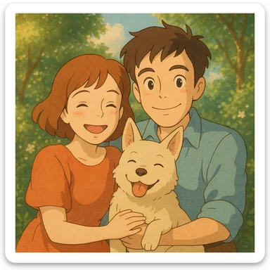 couple with pet posing for photo sticker