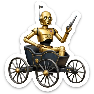 Action in Old American West tarnished C-3PO policeman in 1864 delicately ornate rosegold accents painted buggy powered by electric motors and batteries with safety features and belts flying rapidly across rough dusty terrain  sticker