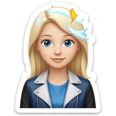 A white girl with long straight blonde hair, blue eyes and a white dress with a smiling black jacket sticker