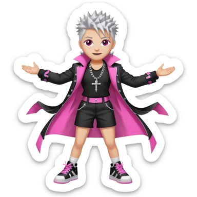 	•	White-gray, spiked hair like entropy made cute 	•	Eyes: Pink with 7 shifting rings—hypnotic, unreadable 	•	Wears a tailored high-fashion jacket with black chain-lined dress shorts 	•	Saw-toothed smile, street-combat high-tops, and a silver crucifix earring sticker