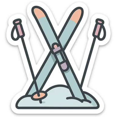 cross-country skis standing at an angle, stuck into a snowdrift, poles on the sides also stuck at an angle, detailed shading, thin clean outlines, soft rounded features, pastel palette #98B5BC #B5B3C1 #C9A3C9 #E4C0CA #F7DCD1 #F7C0AA, Japanese pop art, sticker look, highly detailed, vector clarity, soft lighting, subtle shadows, transparent background sticker