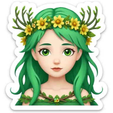 A forest princess with green hair, green eyes, wearing a wreath of flowers and branches sticker