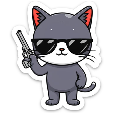 black cat with sunglasses and a gun sticker