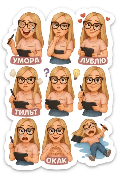 «Создай набор из 10 наклеек в стиле 3D cartoon  женского персонажа (30 лет выглядит моложе)  с прямыми светло русыми волосами ниже лопаток, светлой кожей, большими выразительными голубыми глазами, черные очки для зрения формы кошачий глаз, нос чуть с горбинкой.
Персонаж должен носить пастельную розово-бежевую тай дай футболку с вышивкой @ByUnicorn, голубые джинсы фасона мом, персонаж должен иметь разные выражения: смех до слез и подпись внизу пастельно-розовым текстом УМОРА, задумчивость, влюбленность (с сердцами вокруг головы) и надпись пастельно розовая ЛУБЛУ, злость с паром из носа и подписью внизу пастельно розовым текстом ТИЛЬТ, растерянность (со знаком вопроса) и подпись пастельно-розовым текстом ЧОРИЛ?, наличие идеи (с зажженной лампочкой), плач со слезами из глаз, удивление с открытым ртом и подписью пастельно розовым текстом ОКАК, создание сердца руками, лежит на спине раскинула руки и ноги в стороны в луже слез. Размер картинки не ограниченный, чтобы все наклейки вместились без обрезки. Стиль мультяшный  DreamWorks, мягкий свет, прозрачный фон, и добавь персонажу в руки графический планшет следи чтобы выглядело органично, красиво, не нарушая законы природы и физики, можешь добавить в другую руку перо от графического планшета, если это будет позволять смысл стикера» sticker