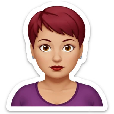 femme 40 ans, cheveux très court rouge foncé piercing sur le nez yeux marrons, surpoids sticker