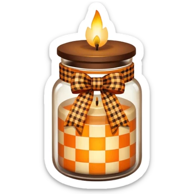 Brown jar with an orange checkered ribbon and candle in it sticker