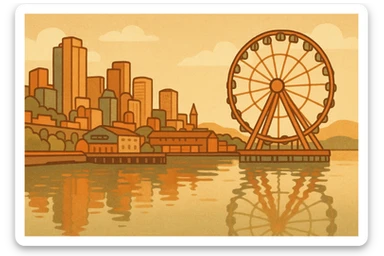 Seattle waterfront at dawn, soft sunlight, ferris wheel, calm water reflections sticker