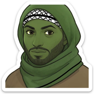 memoji cartoon of a brown man, eyes visible, face wrapped in a Palestinian keffiyeh scarf sticker