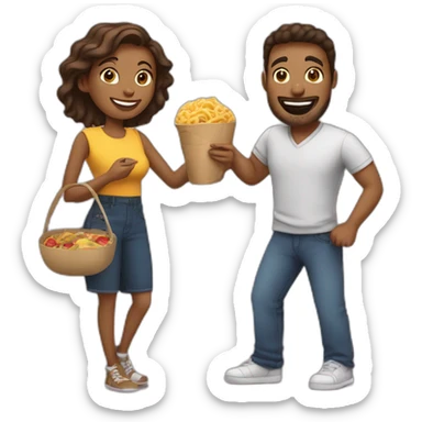 man and woman friends with camera in one hand and food in other hand, happy smiling sticker