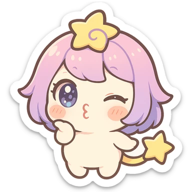 Stella Puff (星星噗噗) in kawaii chibi style, front view, blowing a kiss, big sparkling blue-violet eyes, pastel pink-purple gradient hair with a yellow star swirl, creamy white round body, coral pink blush, short arms and legs, golden star tail, clean lines, transparent background sticker