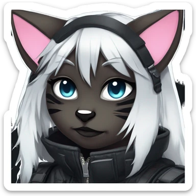 Gorgeous furry dark cyberpunk techwear anime style anthro black cat fursona with blushing face aesthetic and pretty edgy black with collar and harness trending style sticker