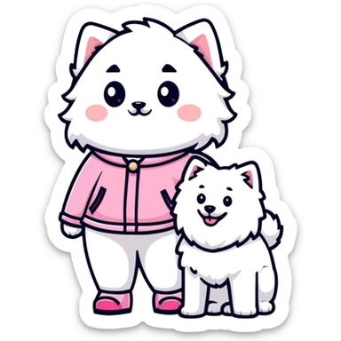 girl in pink Chanel-style outfit with white Samoyed dog sticker