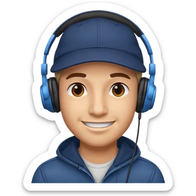 A guy smirking with a cap and headphones sticker