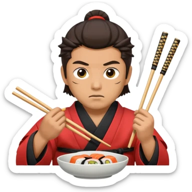Man with wide eyes eating sushi in a samurai outfit wide eyes sticker
