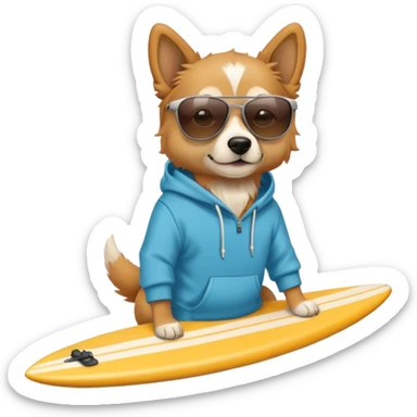 Dog with hoodie and sunglasses holding a surf board  sticker
