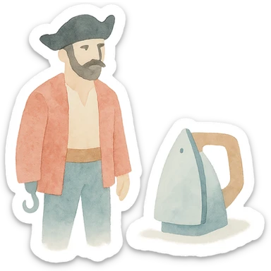 A pirate and an iron, watercolor painting style, soft edges, blended colors, artistic and whimsical. sticker