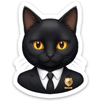 A black cat in a black suit and a badge with the inscription "PrimeCopy" sticker