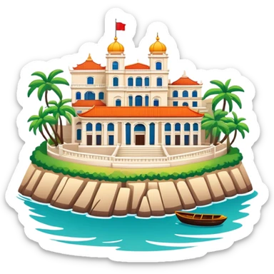 Gulangyu Island Xiamen with colonial buildings, simplified emoji style with bold outlines and bright colors, cartoon style island with piano shape sticker