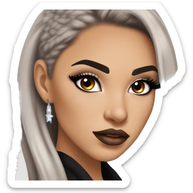 Alexa Demie euphoria sho: warm brown eyes, bold black sharp eyeliner, sparkly rhinestones on eyes, dark arched brows, full nude-berry lips, light skin, high cheekbones, sleek dark brown long straight hair in ponytail.

 sticker