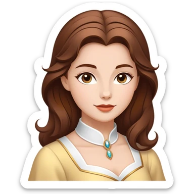 Cinematic Majestic Belle Portrait Emoji, rendered in a clean, vector-style with bold, simplified shapes. Show Belle with a serene, noble expression, fair skin and gracefully styled brown hair, her classic attire refined and understated. The design radiates a majestic, enchanting glow with high shine and a soft glowing outline, embodying royal elegance. sticker