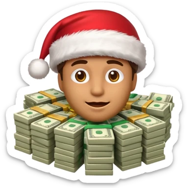 A confident rich emoji face wearing a Santa hat, money stacks, casino vibe, New Year theme, premium 3D emoji style, sharp details, no text, isolated on transparent background sticker